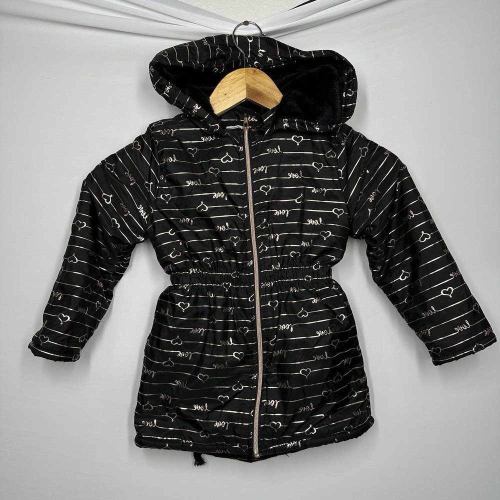 Penelope Mack Girls Hooded Puffer Jacket Black Gold Heart Print Size 5